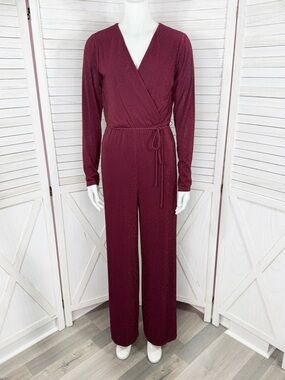 Lily Black Ribbed Shimmer Stretch Knit Wide‎ Leg Jumpsuit Burgundy Red Small